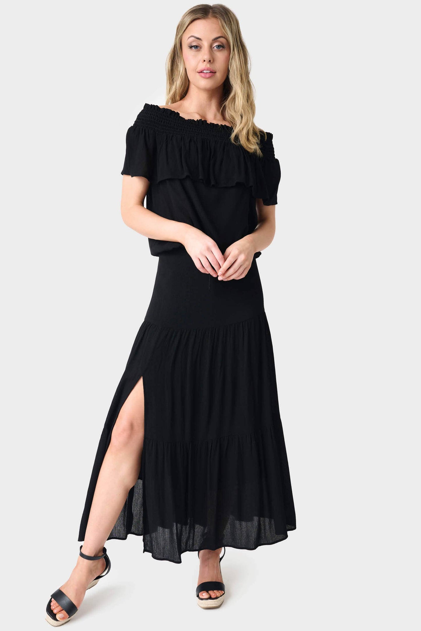 Tiered Maxi Skirt with Offset Front Slit-Black