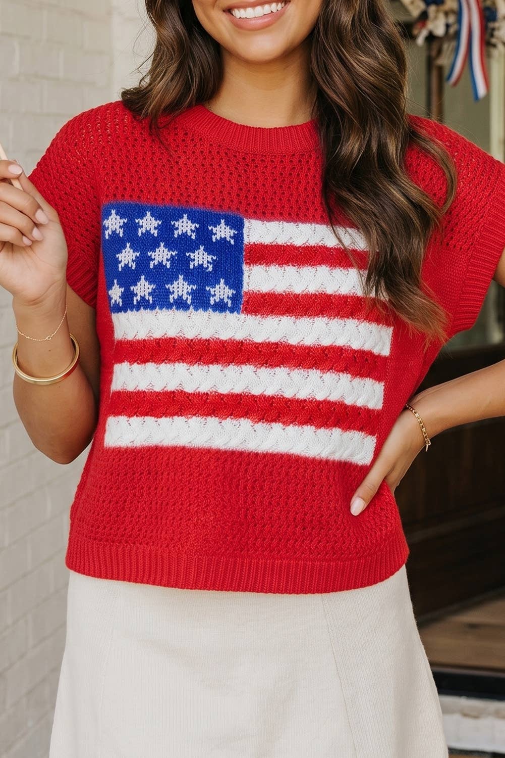 Flag Graphic Short Sleeve Sweater Top-Red