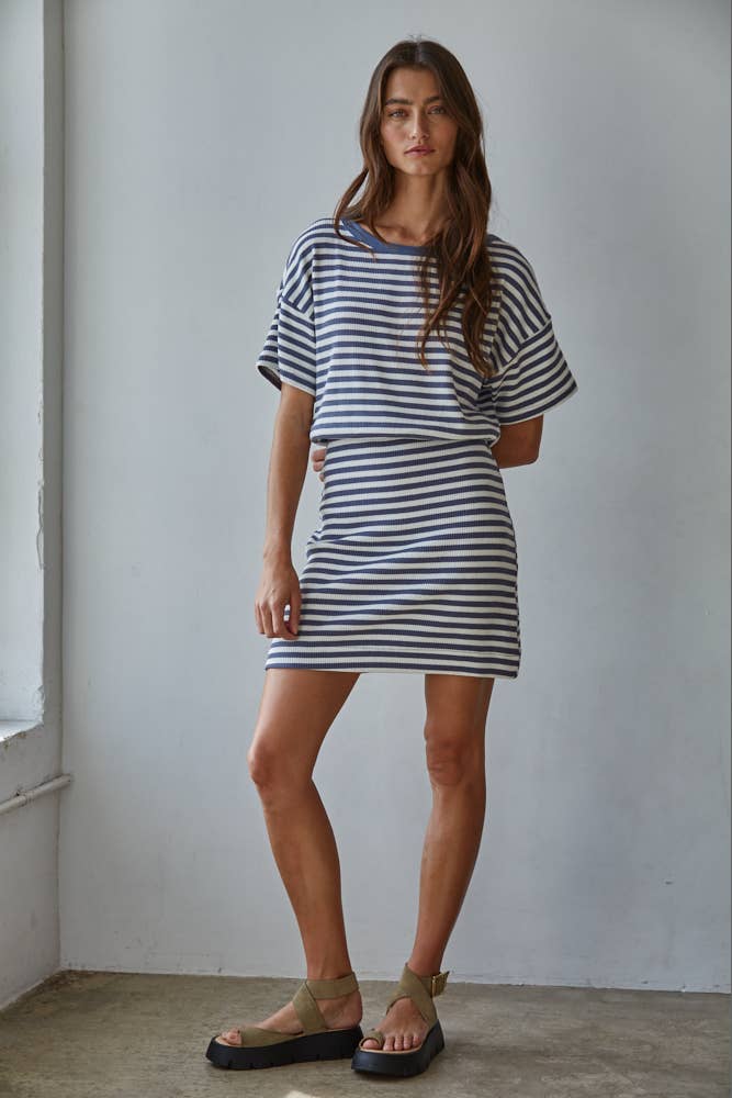 Striped Ribbed Short Sleeve Mini Dress