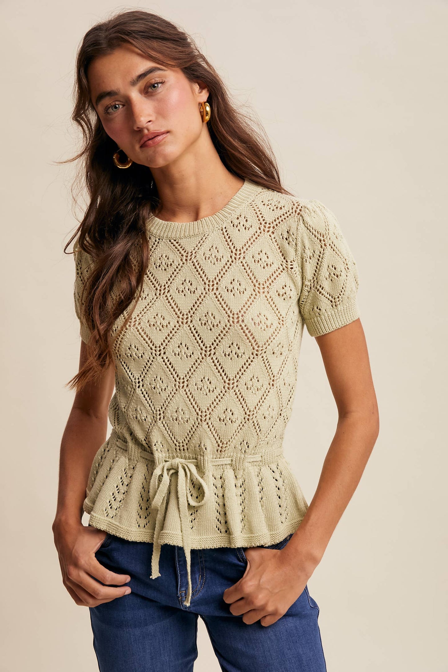Pointelle Knit Peplum Top: Light Green