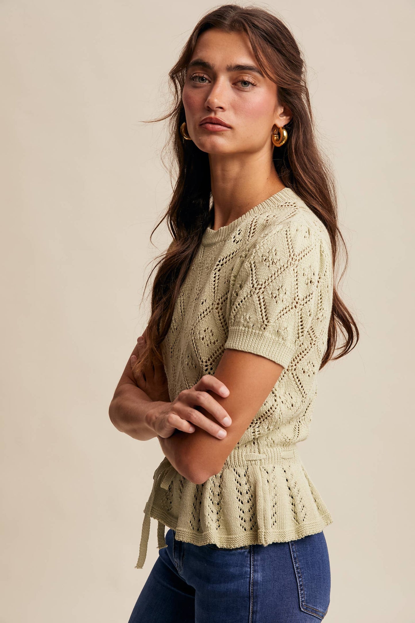 Pointelle Knit Peplum Top: Light Green