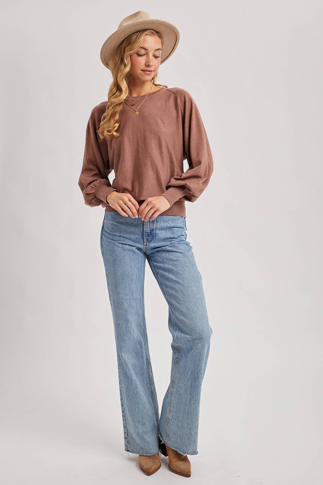 Lightweight Drape Sleeve Sweater-Mocha