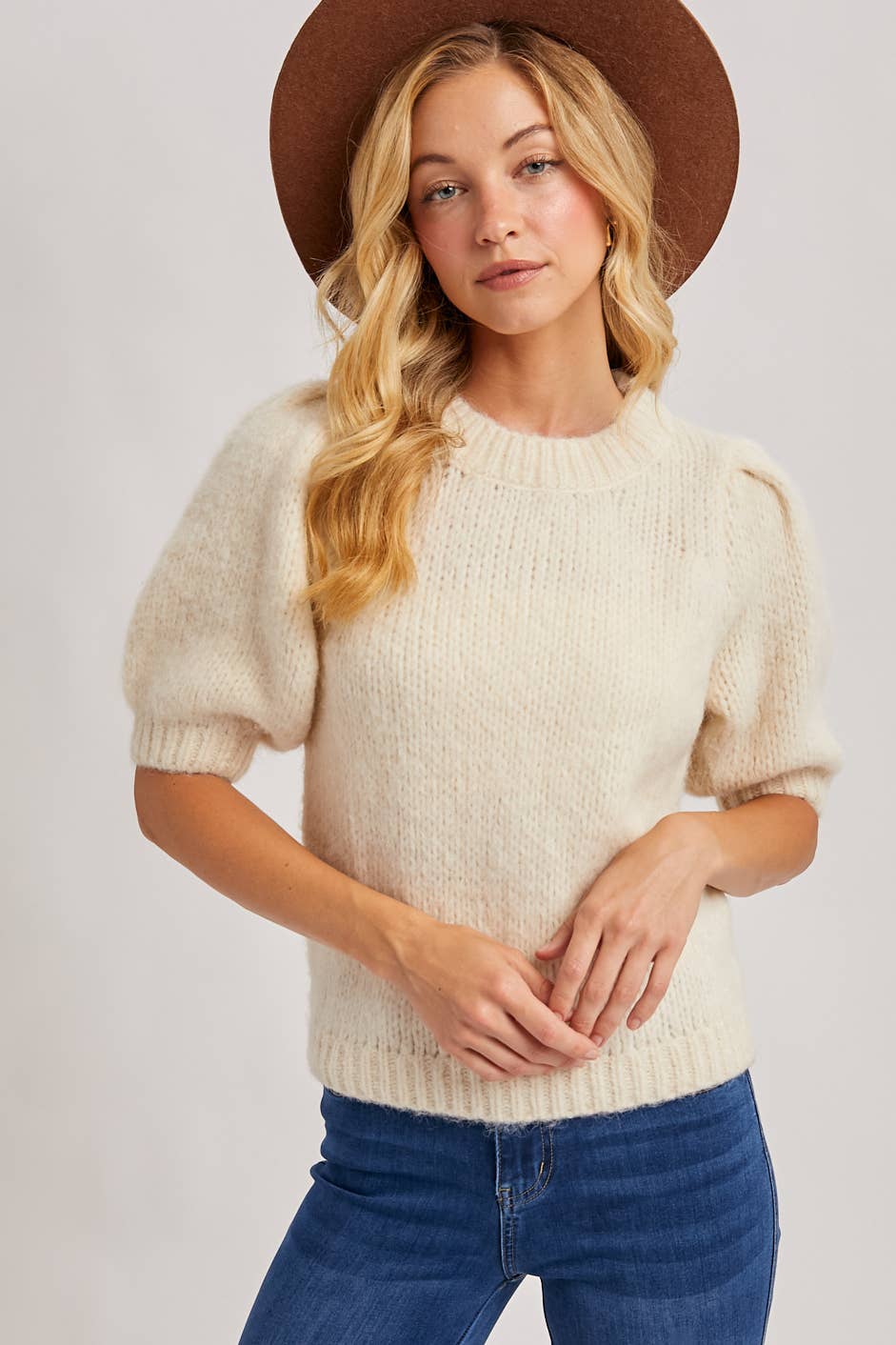 Puff Sleeve Soft Knit Sweater-Cream