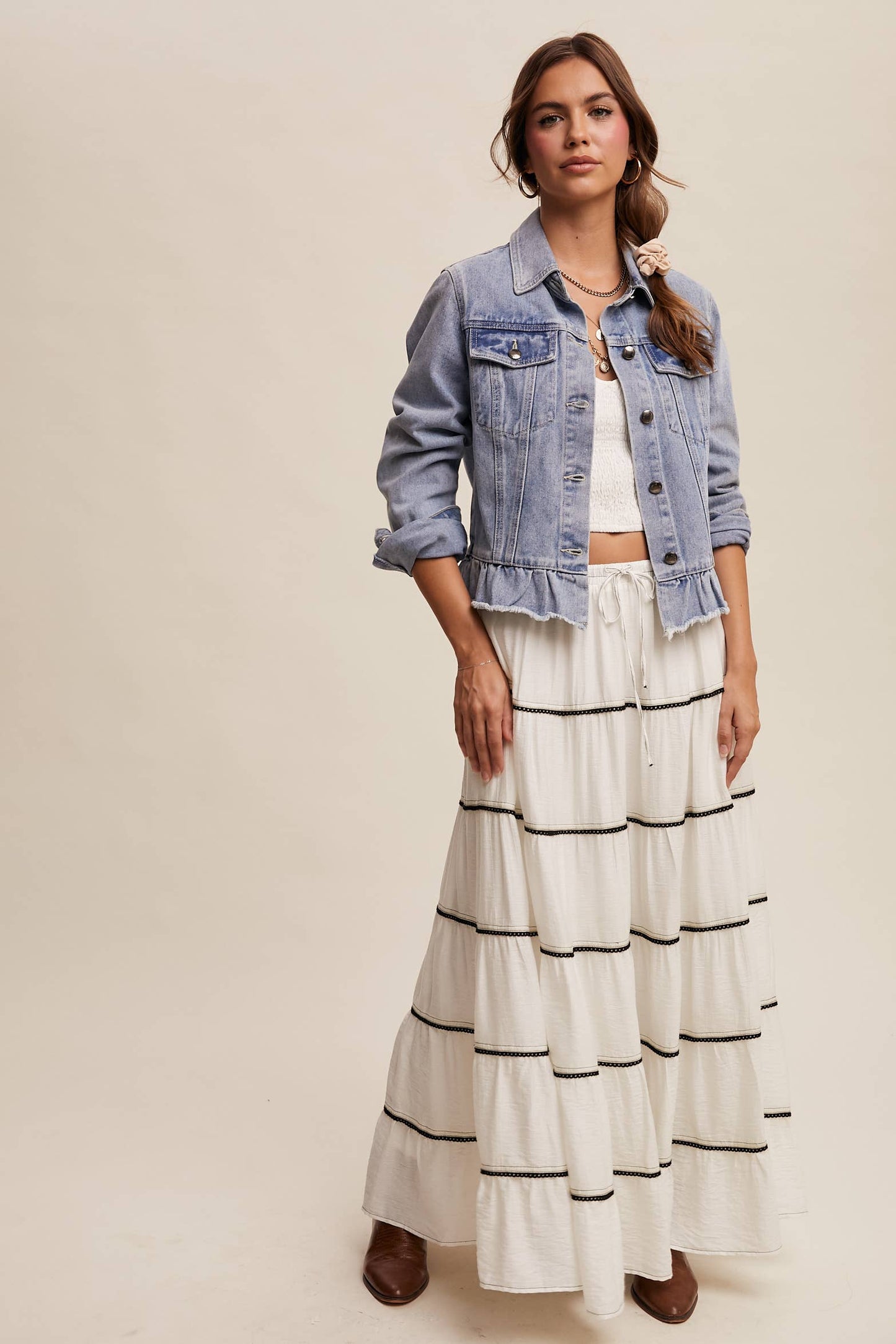Ruffled Hem Denim Jacket: Light Denim