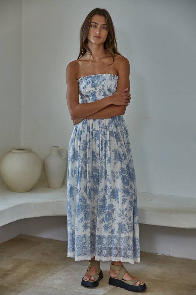 By Together - L9240 | Woven Cotton Rayon Floral Smocked Strapless Midi: Ivory Blue / M