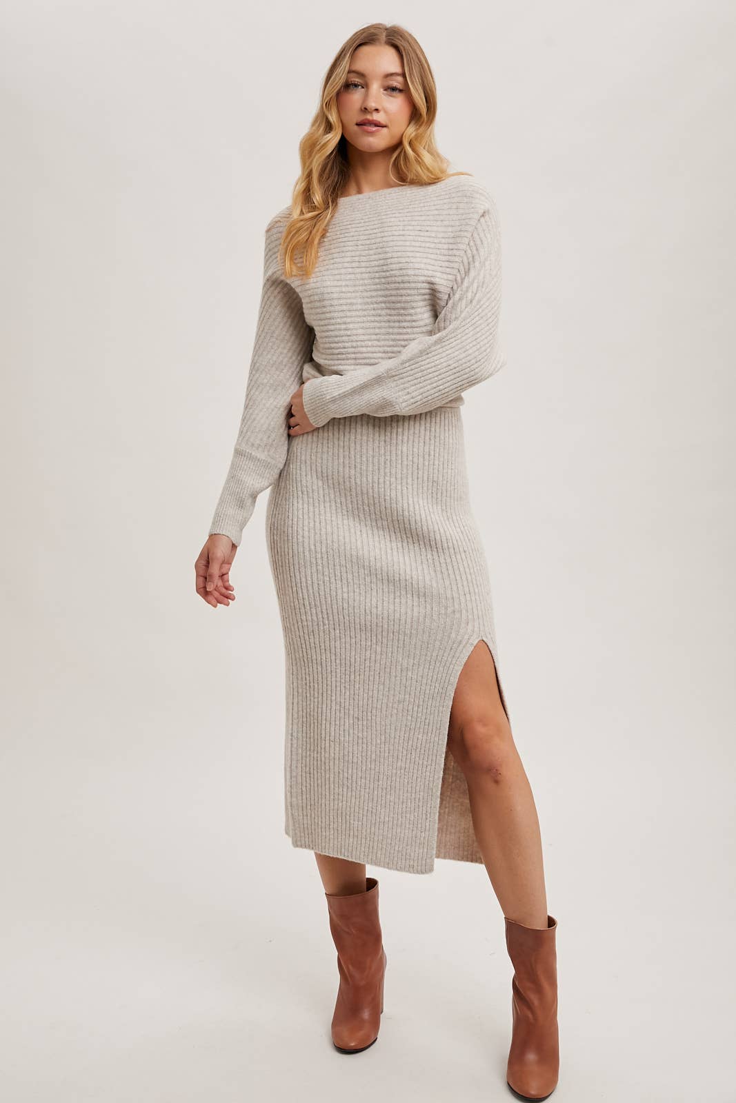 Boat Neck Side Slit Midi Sweater Dress-Oatmeal