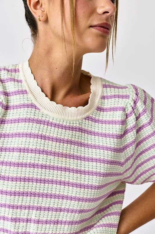 Sana Crew Neck Puff Sleeve Stripe Knit Top