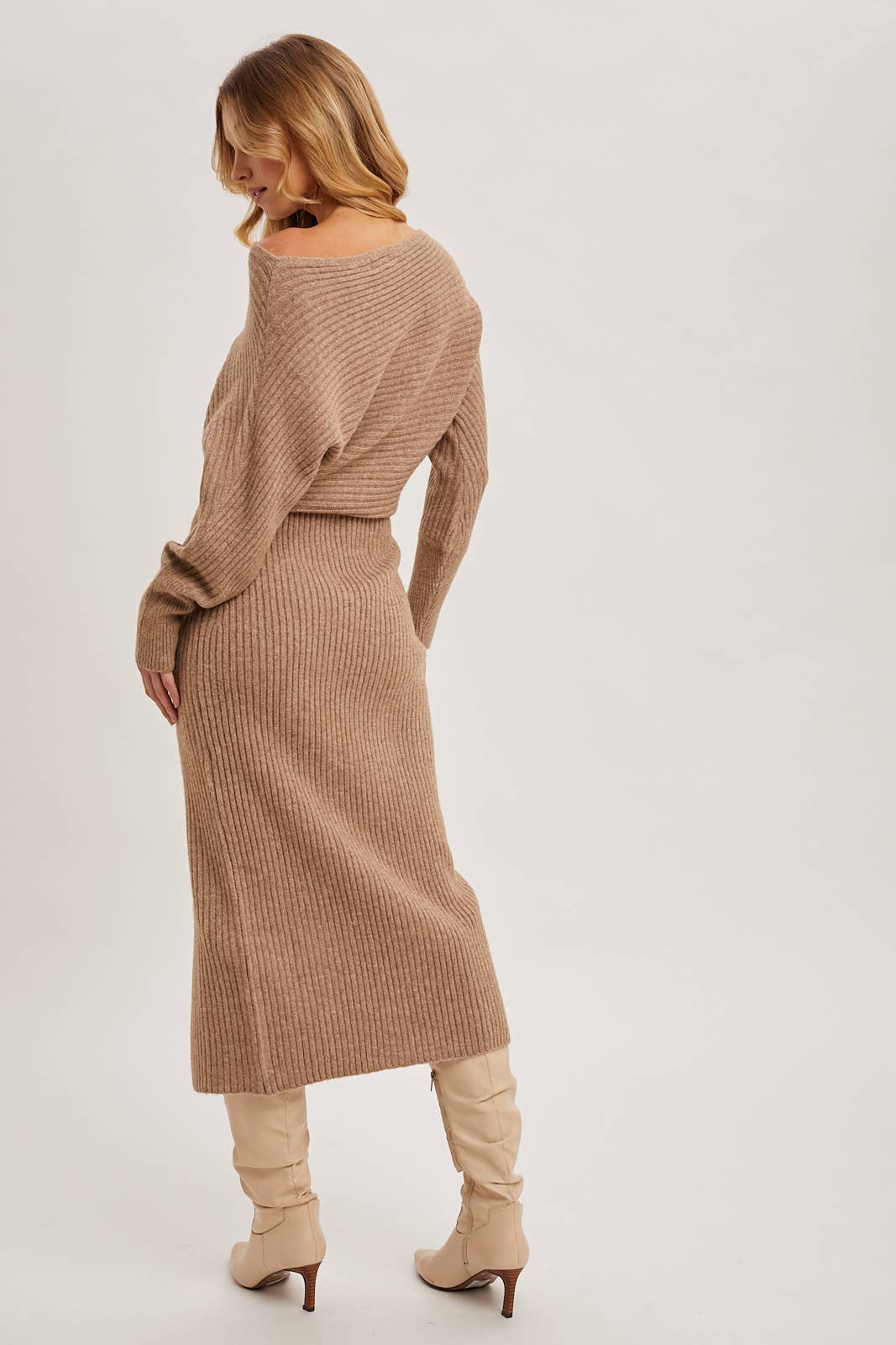 Boat Neck Side Slit Midi Sweater Dress-Oatmeal