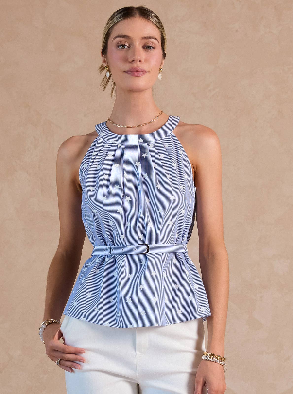Current Air - Stripe Star Print Belted Halter Top: Blue White / XS