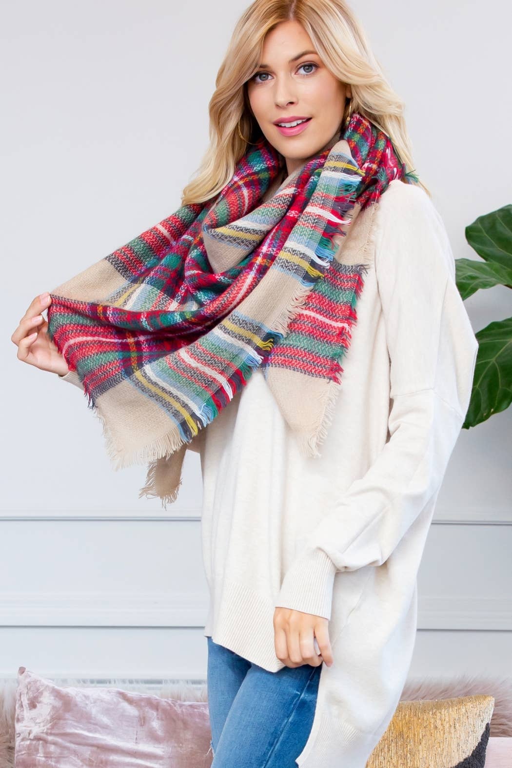 Plaid Fringe Blanket Scarf: MULTI / ONE