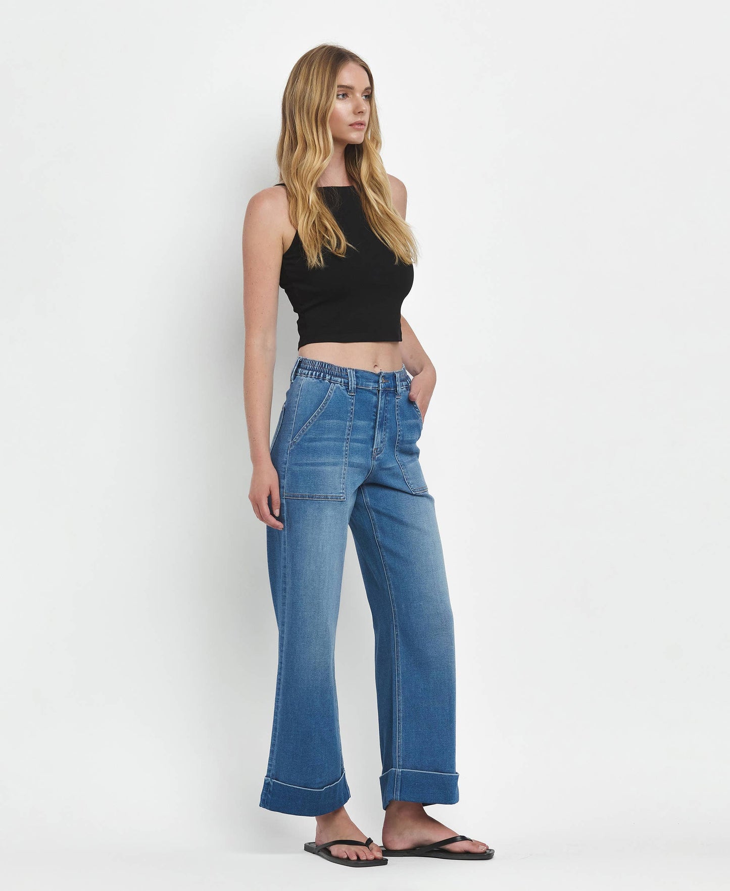 Vervet by Flying Monkey-High Rise Double Cuffed Wide Leg Jeans
