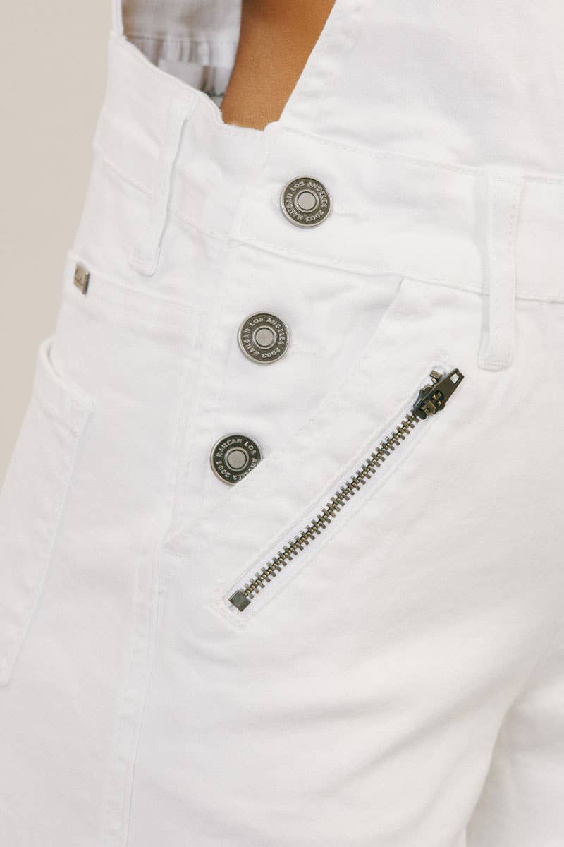 High Rise White Overall Frayed Hem Shorts-White Kan Can