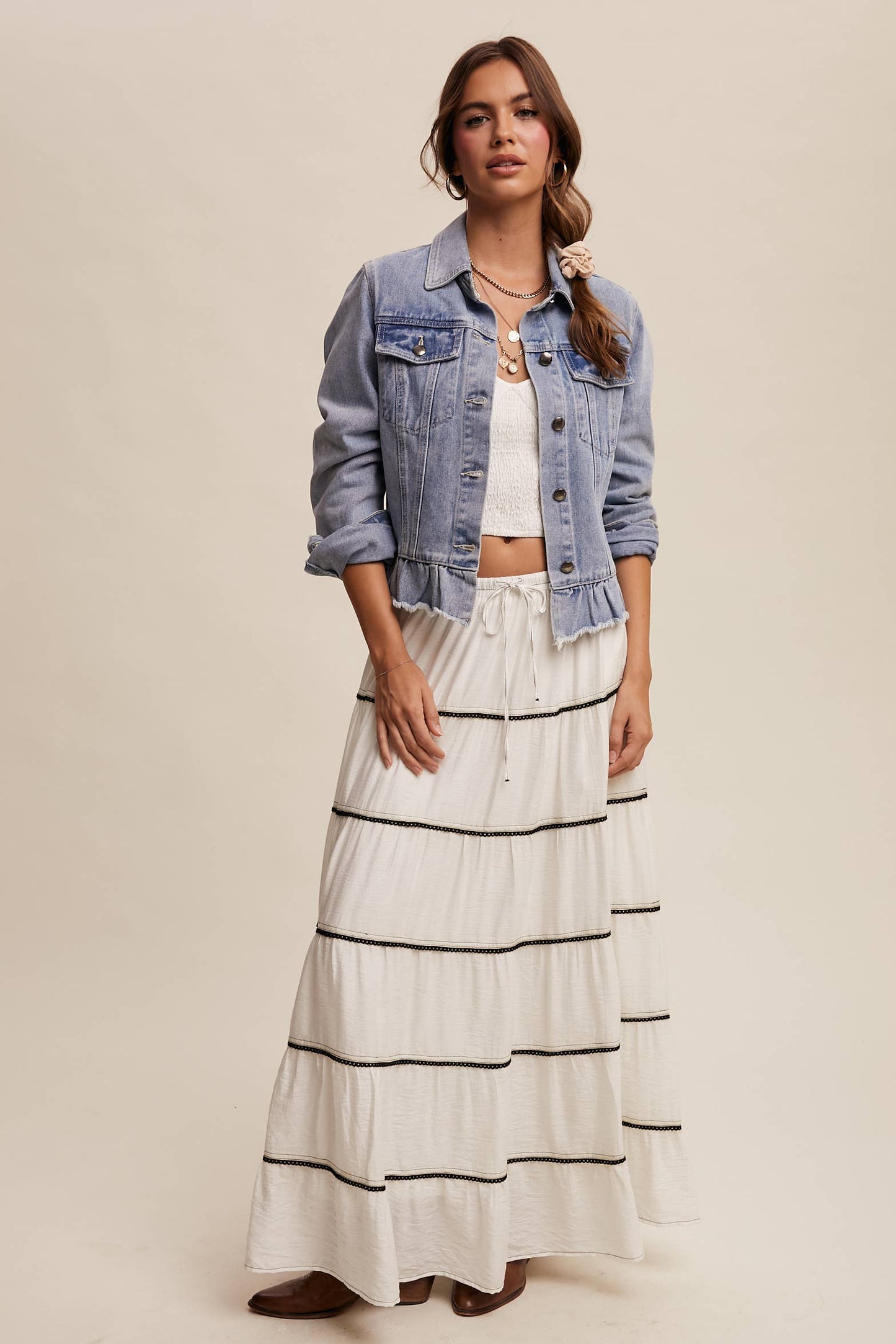 Ruffled Hem Denim Jacket: Light Denim