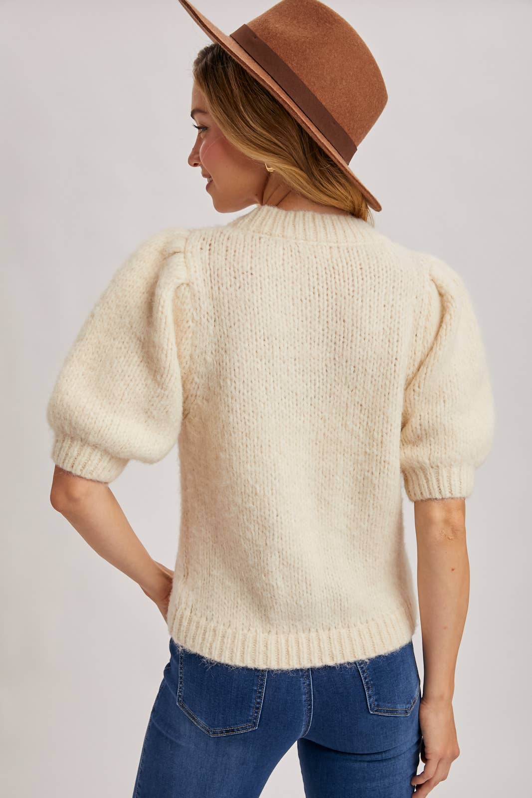 Puff Sleeve Soft Knit Sweater-Cream