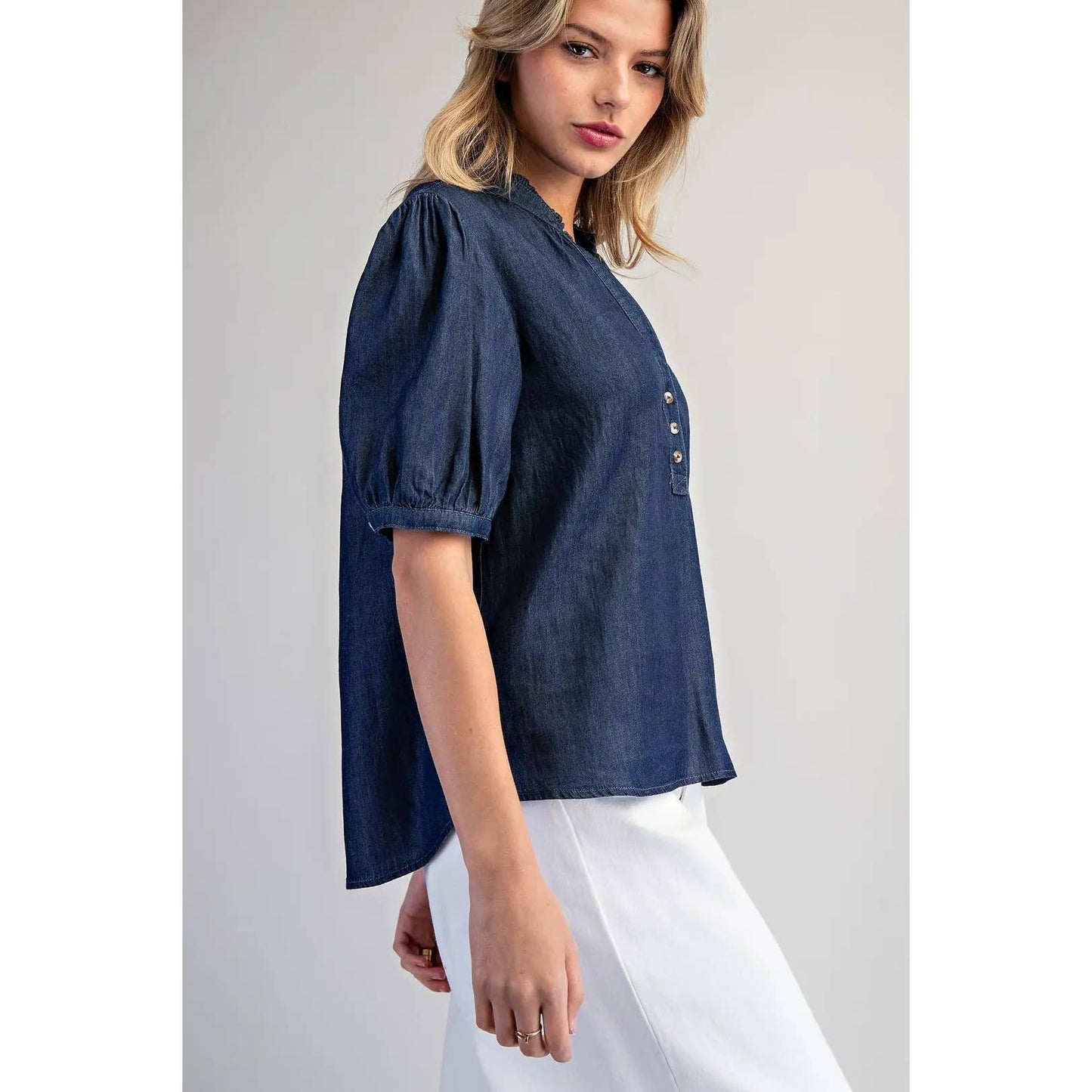 STYLE USA - NEW Ruffled Split V-Neck Blouse: DENIM / S