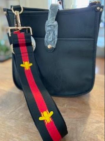 Black Vegan Leather Crossbody Bag - Black and Red Bee Strap