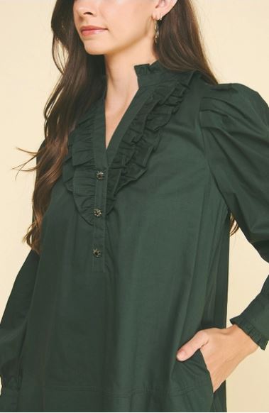 Ruffled Detail Mini Dress- Hunter Green