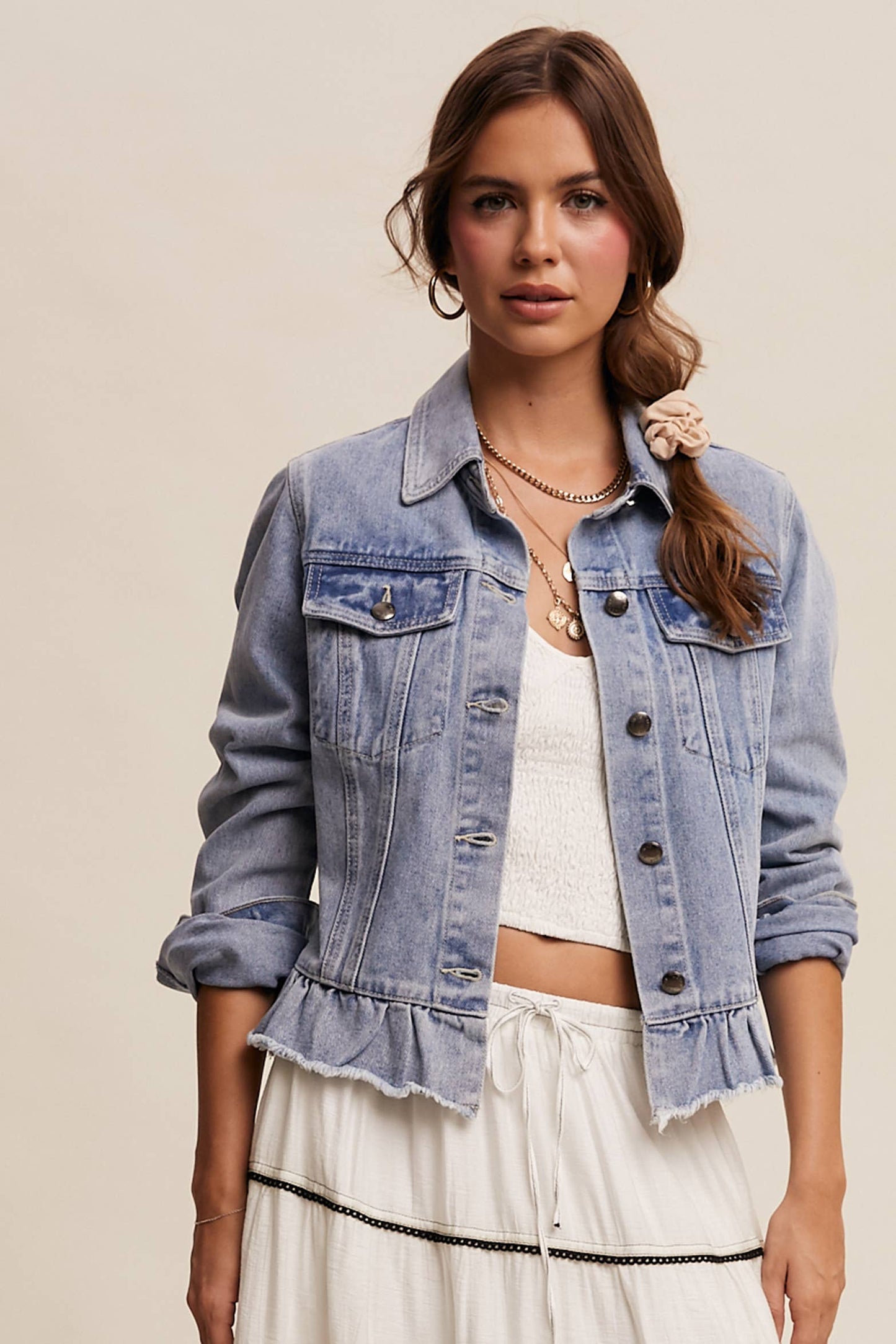 Listicle - Ruffled Hem Denim Jacket LJ0236: Light Denim / S