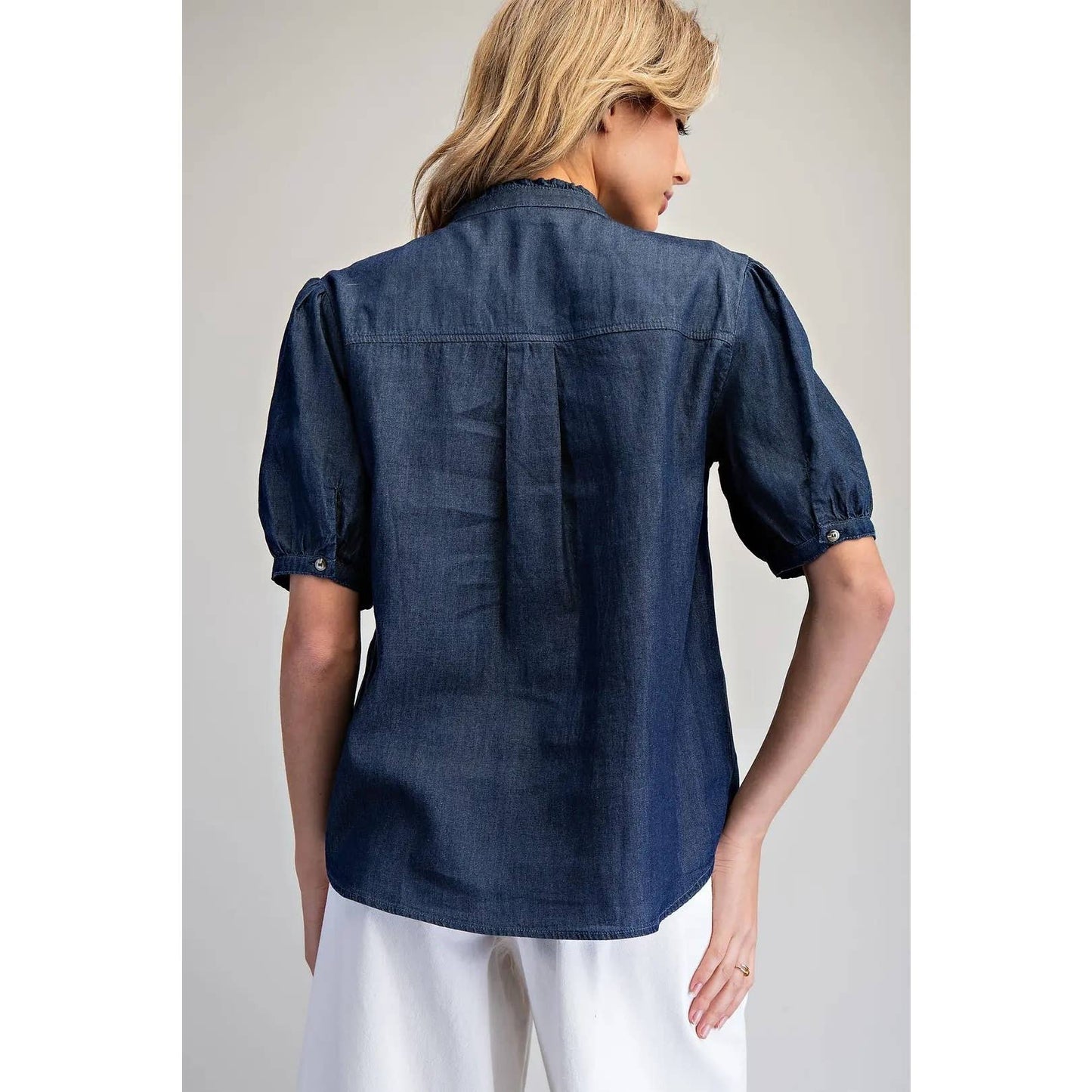 STYLE USA - NEW Ruffled Split V-Neck Blouse: DENIM / L