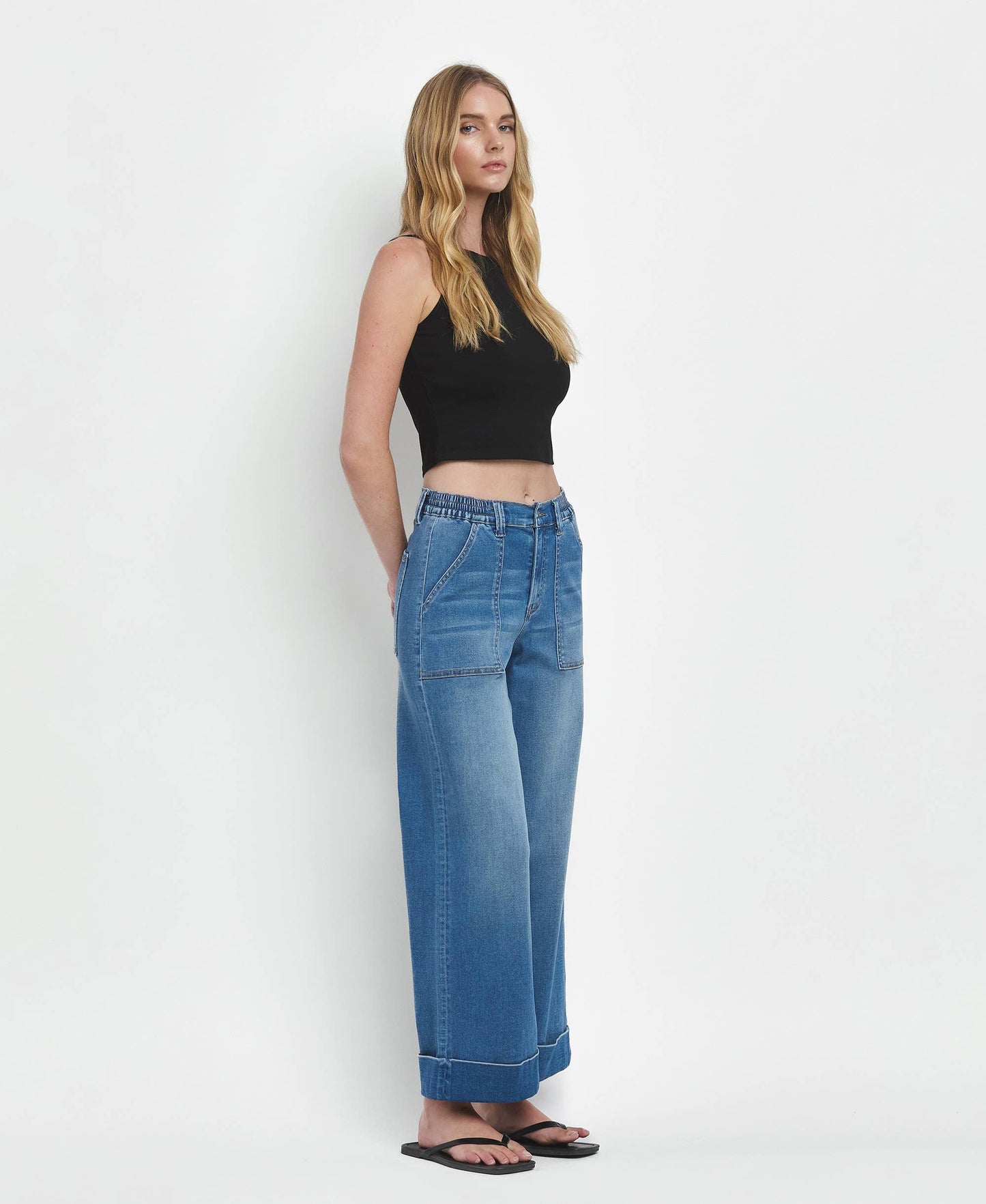 Vervet by Flying Monkey-High Rise Double Cuffed Wide Leg Jeans