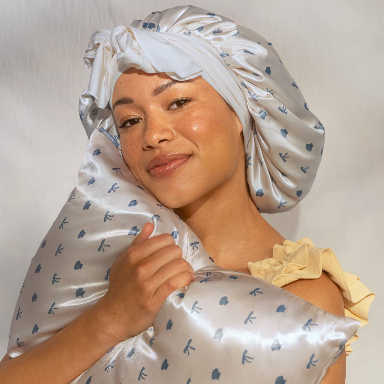 KITSCH - Oversized Satin Bonnet - Pearlized Cream & Coastal Blue Print