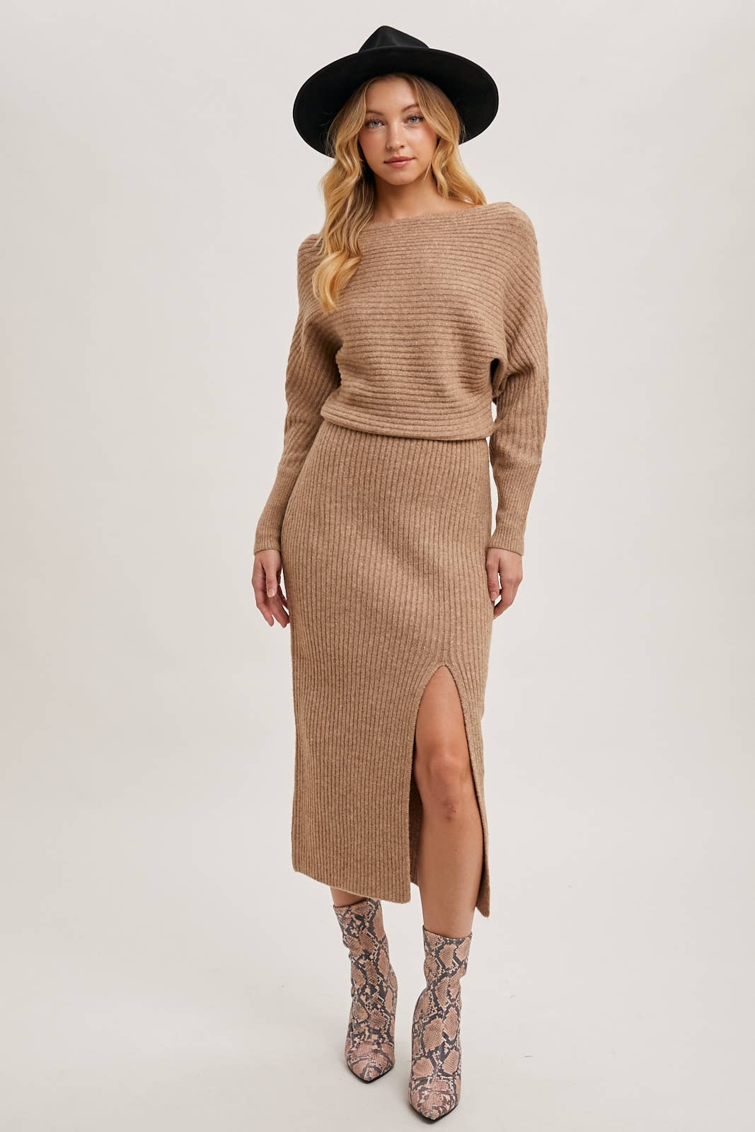 Boat Neck Side Slit Midi Sweater Dress-Oatmeal