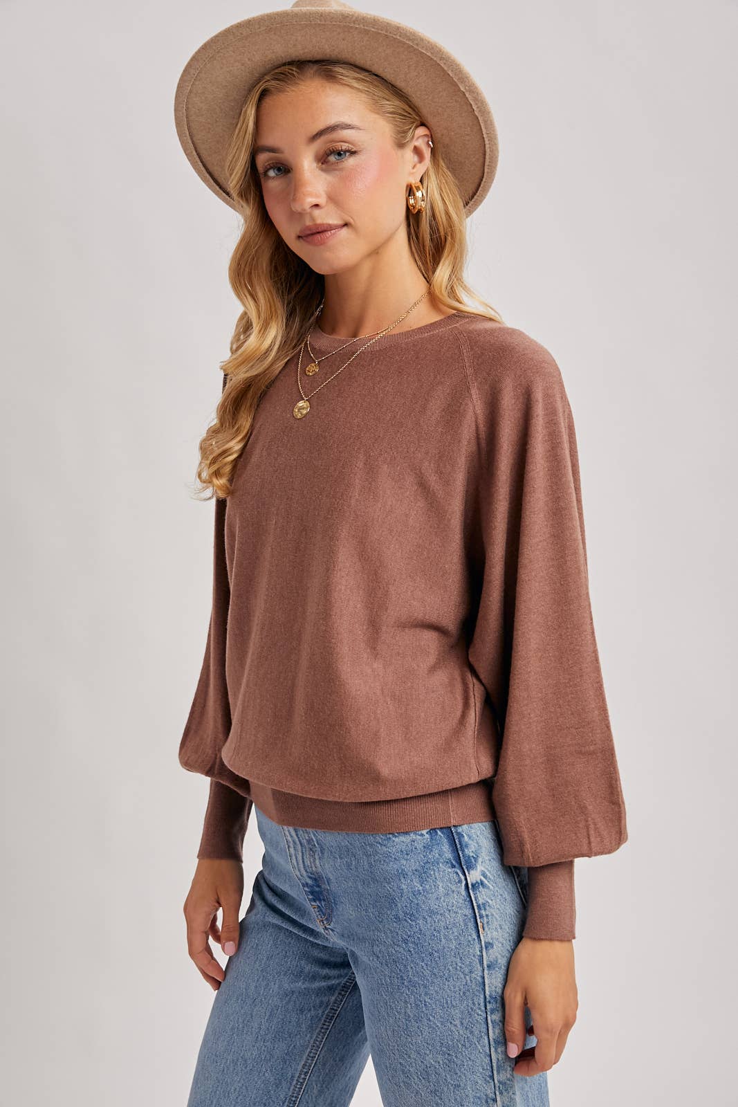 Lightweight Drape Sleeve Sweater-Mocha