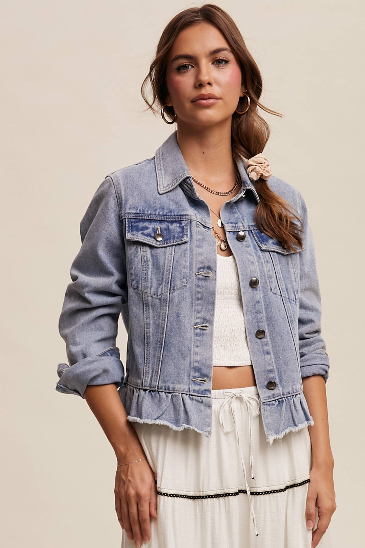 Ruffled Hem Denim Jacket: Light Denim