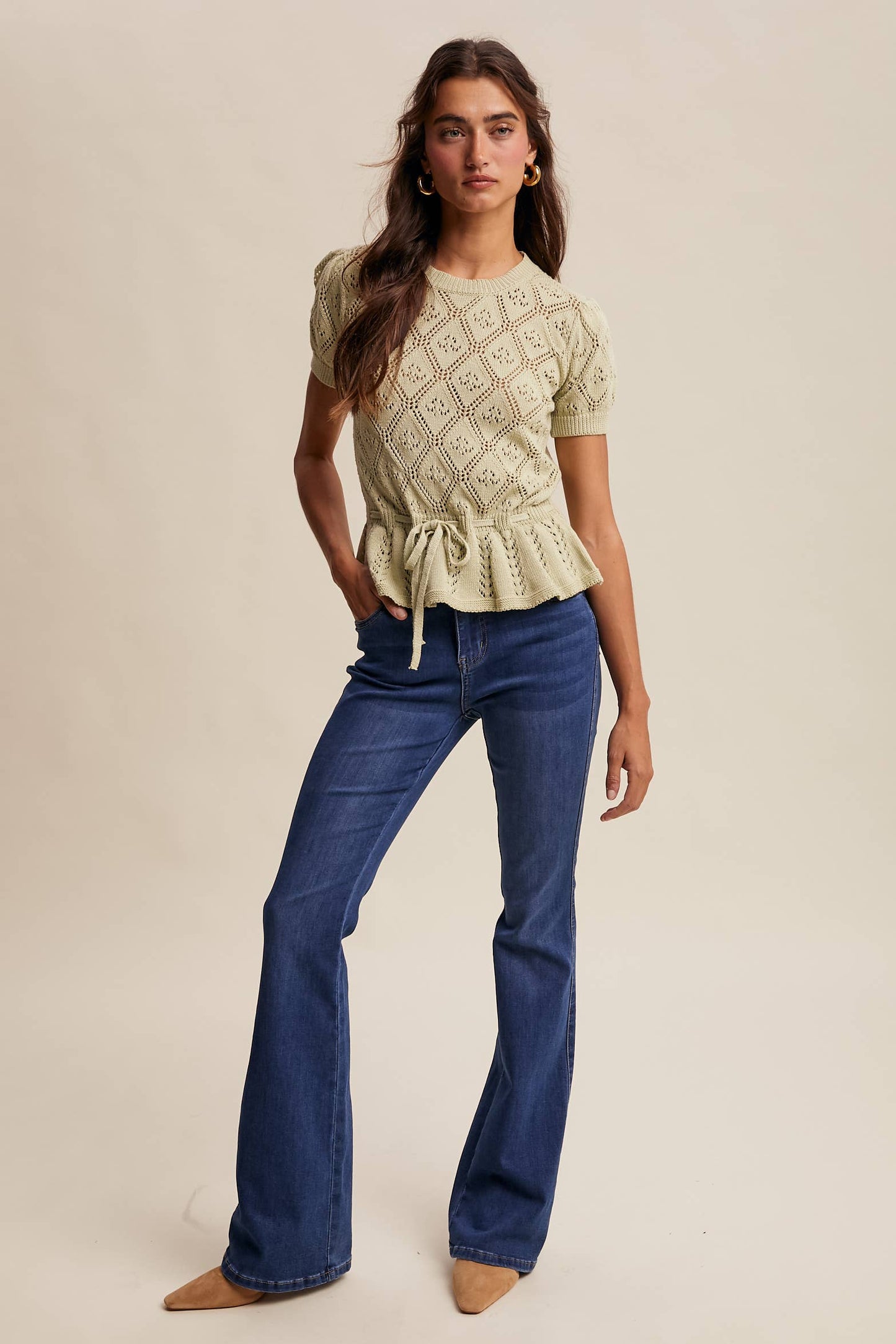 Pointelle Knit Peplum Top: Light Green
