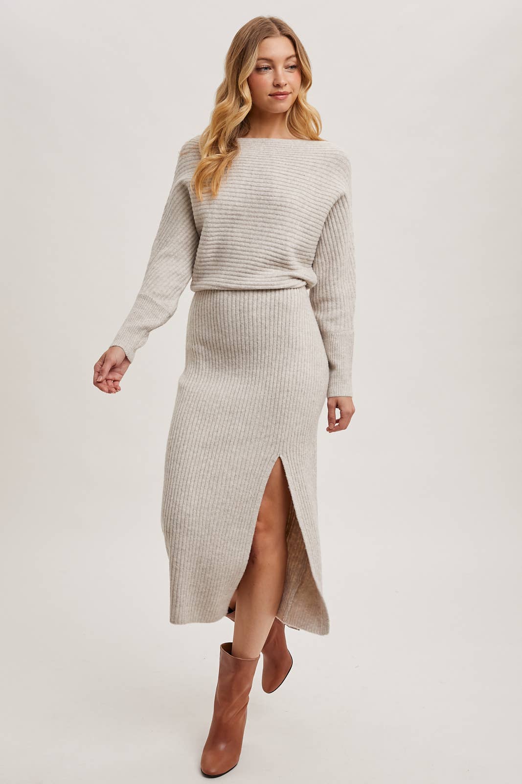 Boat Neck Side Slit Midi Sweater Dress-Oatmeal