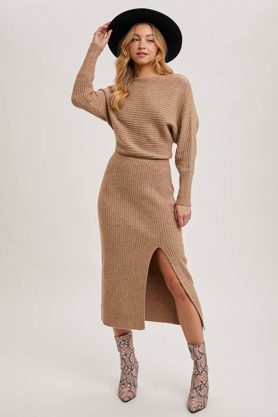Boat Neck Side Slit Midi Sweater Dress-Oatmeal