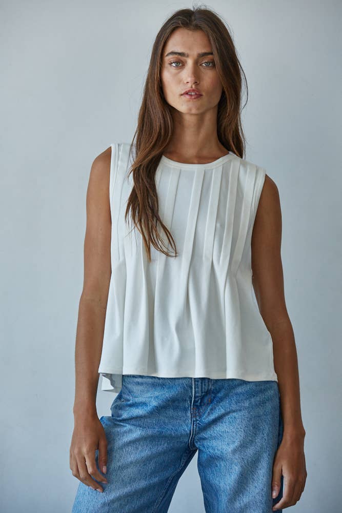 Pleated Front with Poplin Back Sleeveless Top: Cream