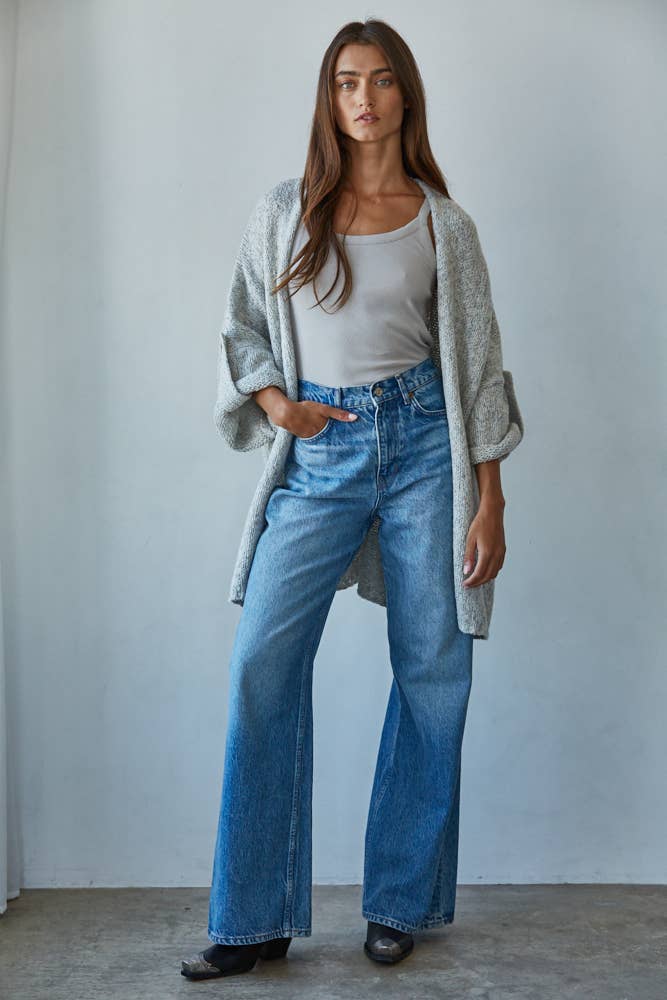 By Together - W2335 | Knit Folded Quarter Sleeve Open Front Cardigan: Mocha / S