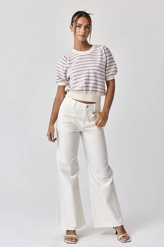 Sana Crew Neck Puff Sleeve Stripe Knit Top