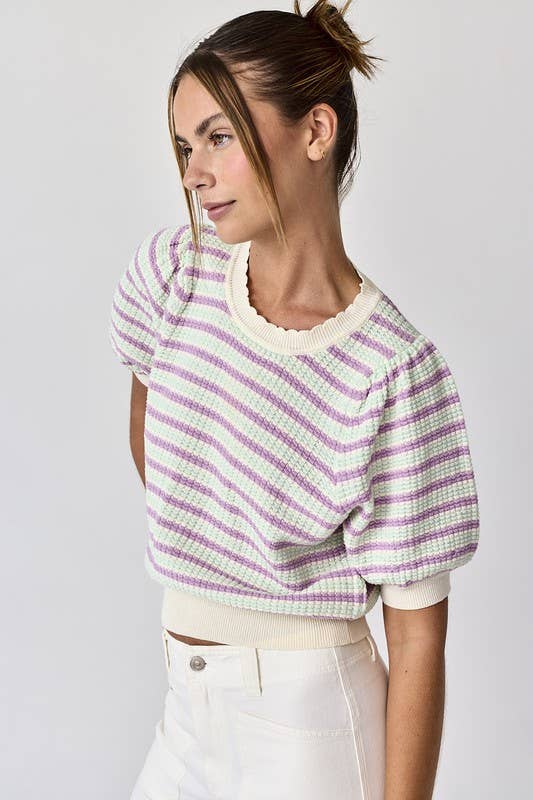 Sana Crew Neck Puff Sleeve Stripe Knit Top