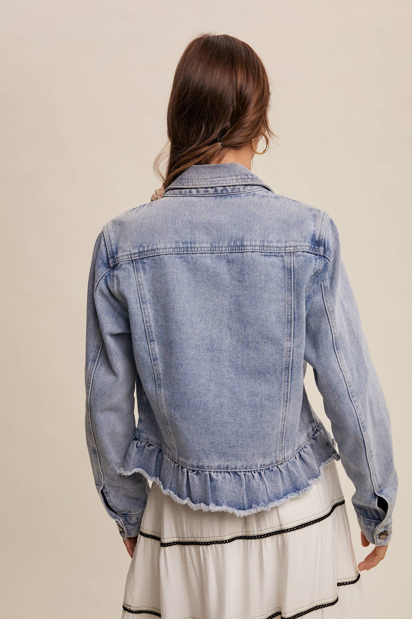Ruffled Hem Denim Jacket: Light Denim
