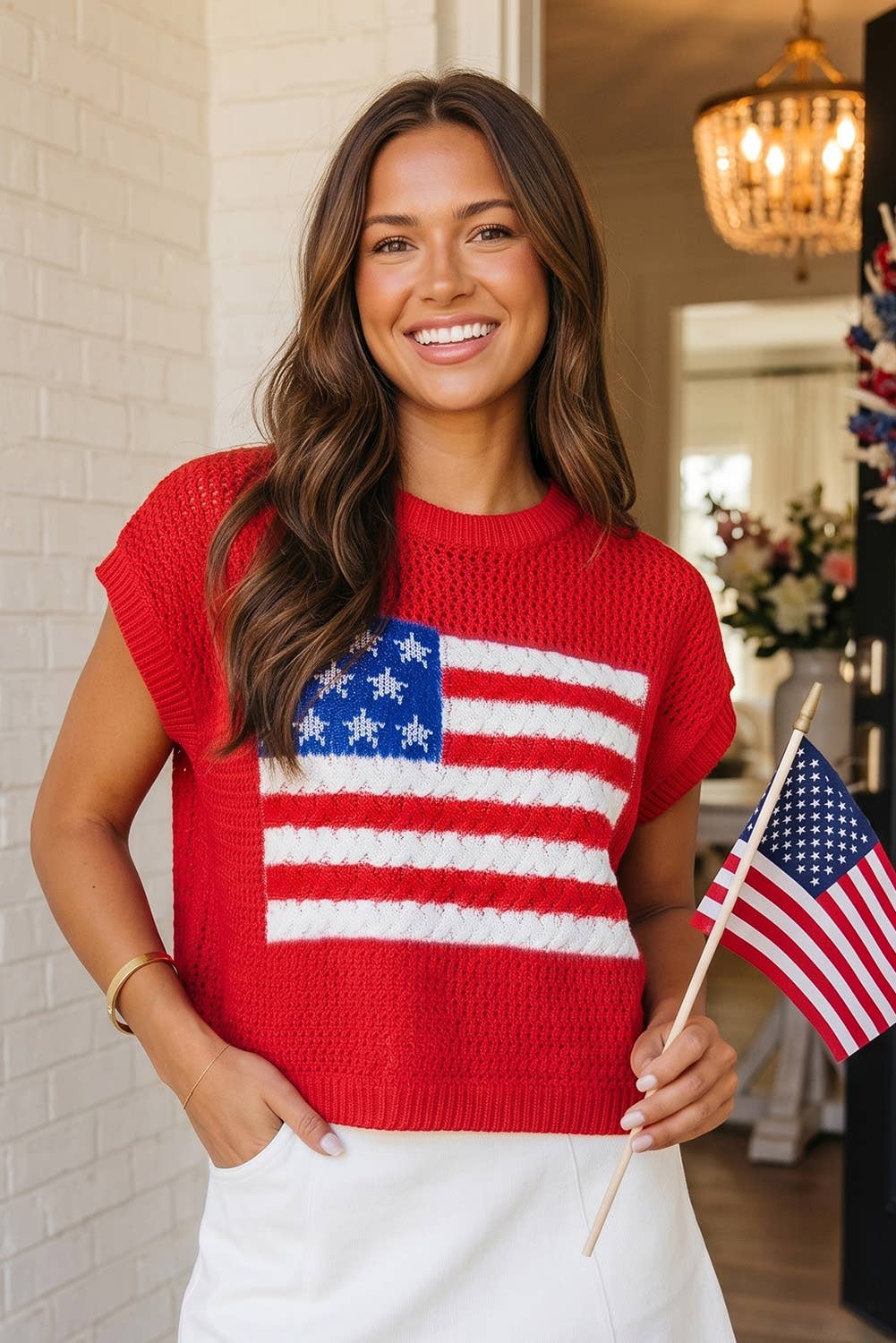 Flag Graphic Short Sleeve Sweater Top-Red