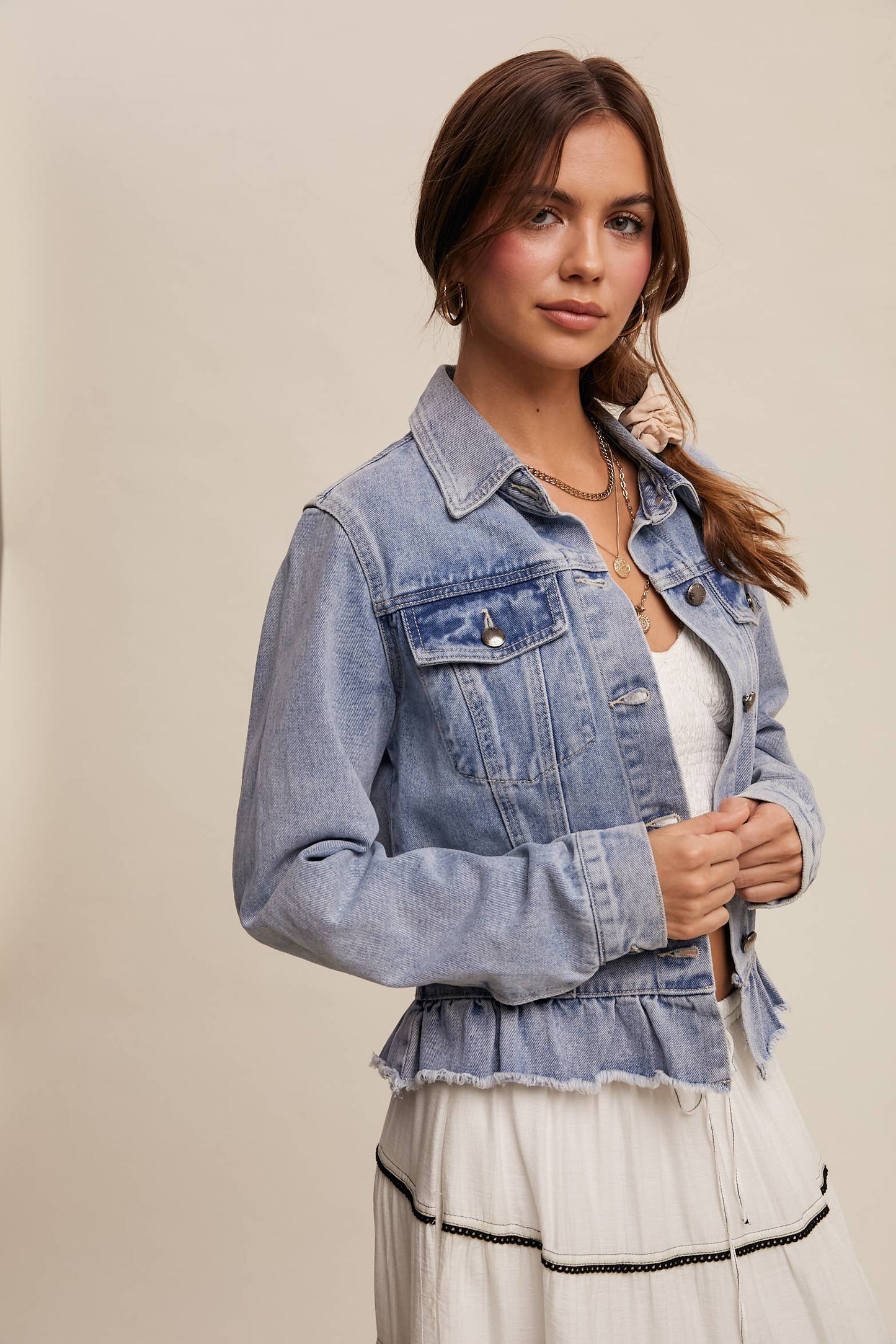 Ruffled Hem Denim Jacket: Light Denim