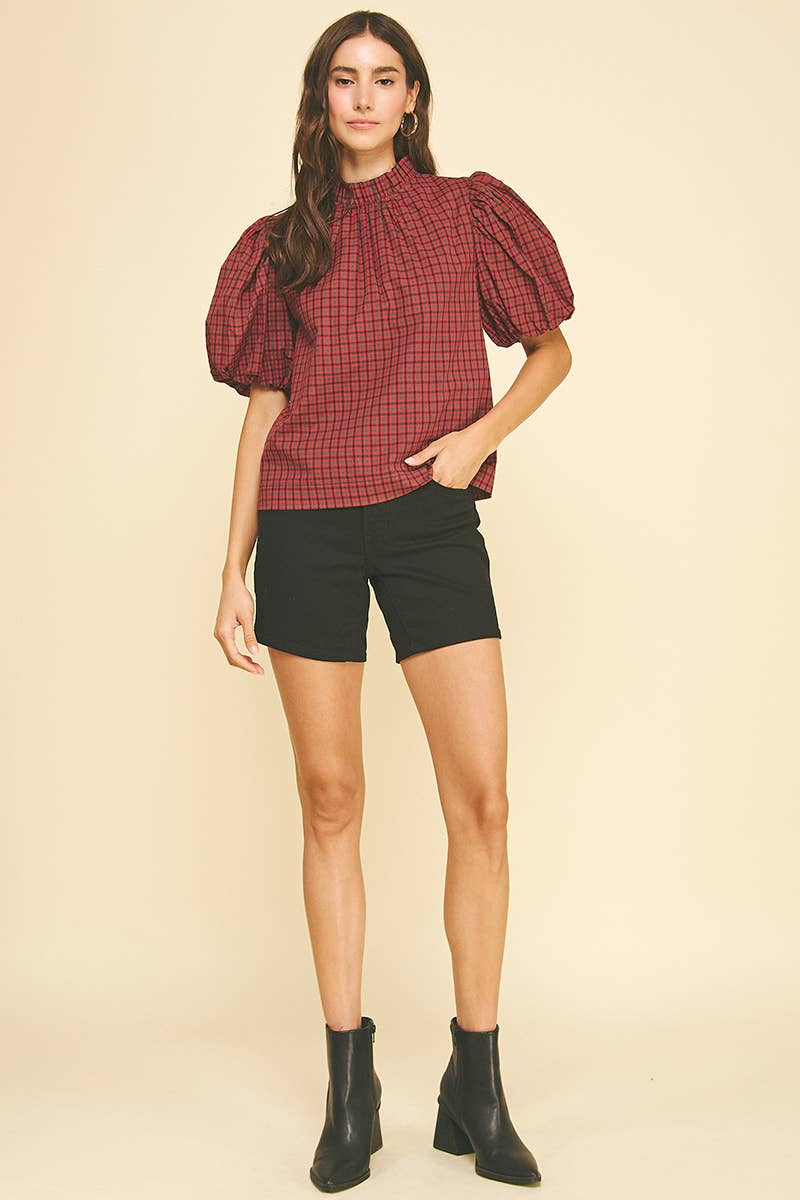 Red Plaid Ruffled Mock Neck Top with Puff Sleeve