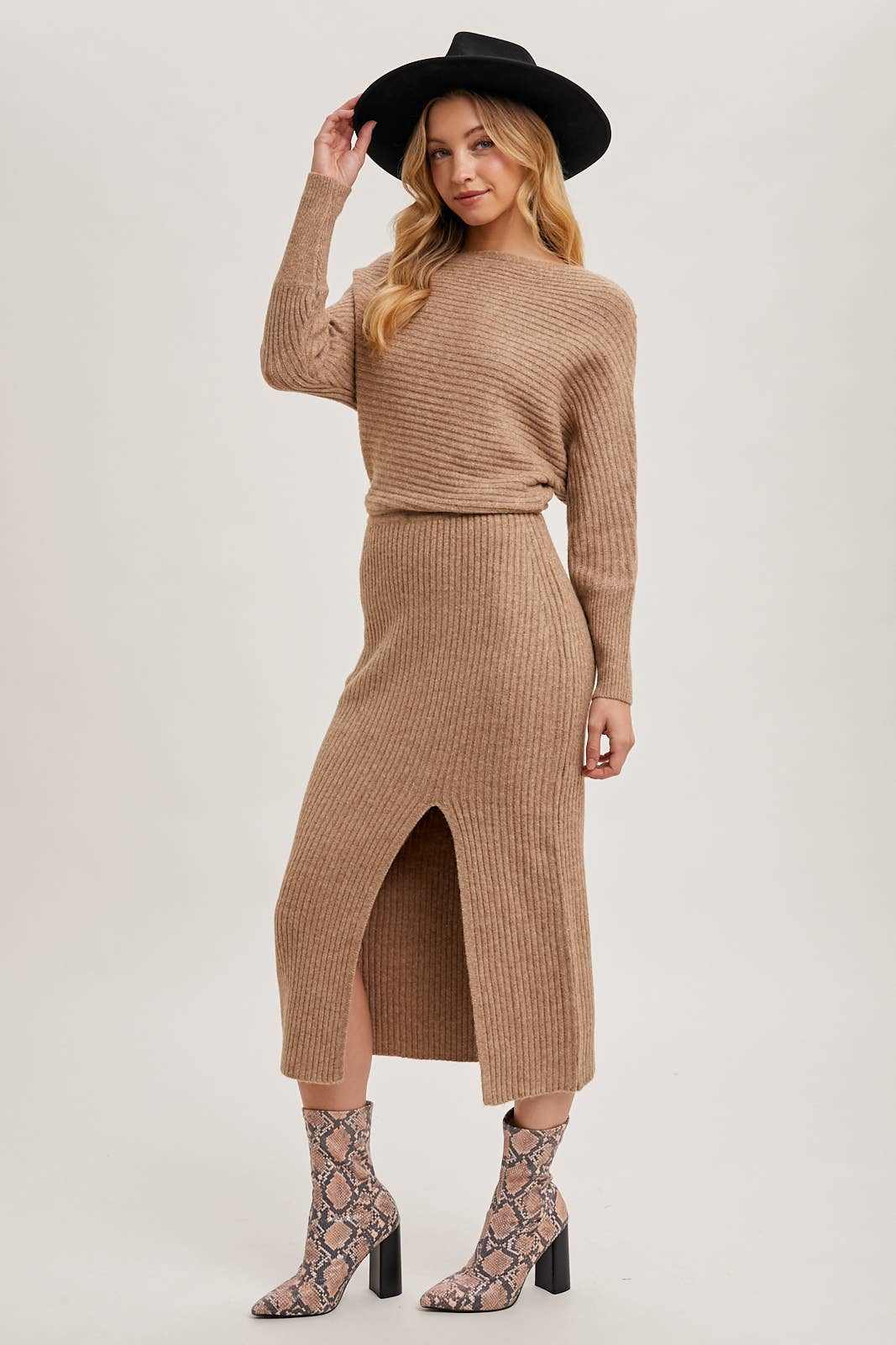 Boat Neck Side Slit Midi Sweater Dress-Oatmeal