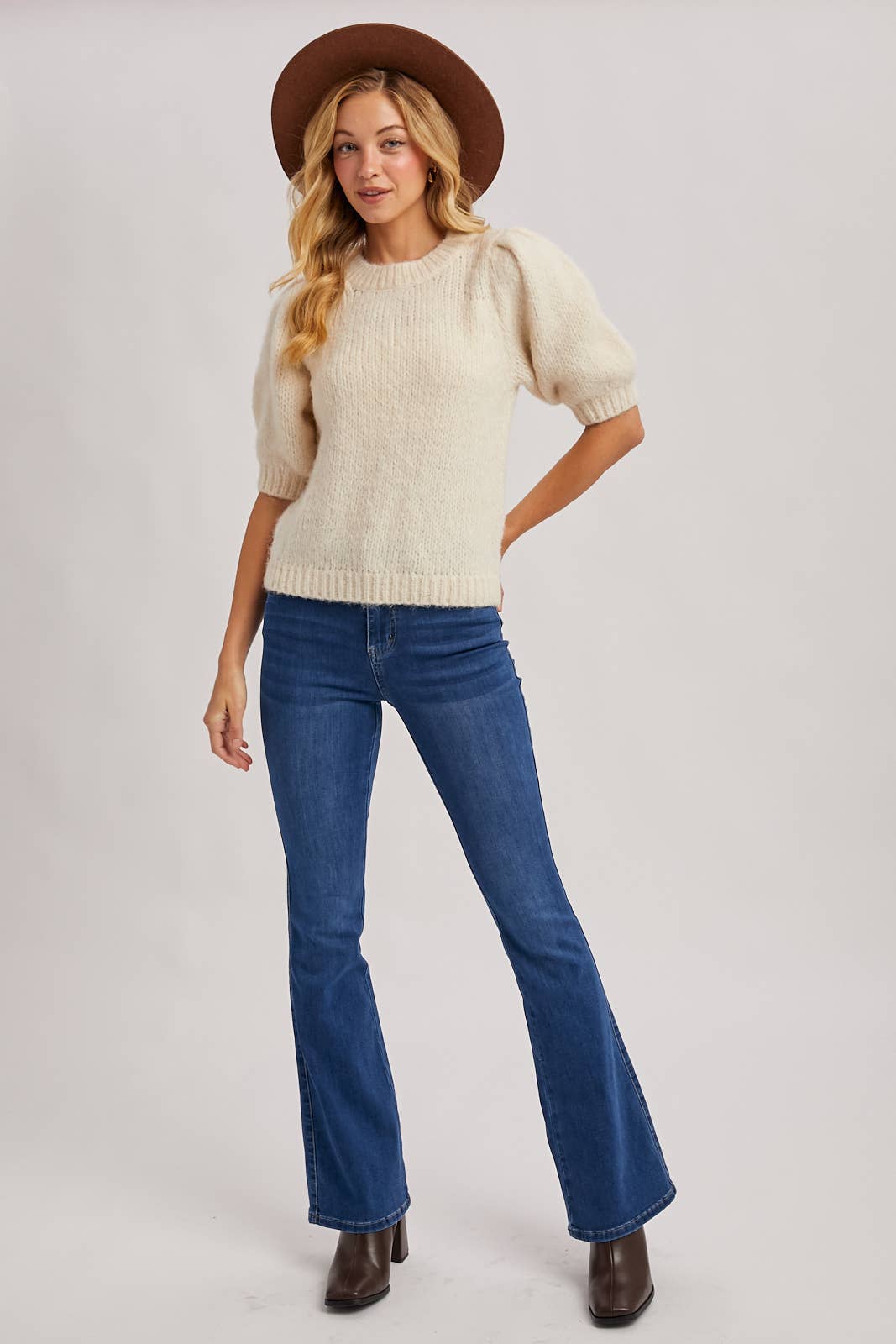 Puff Sleeve Soft Knit Sweater-Cream