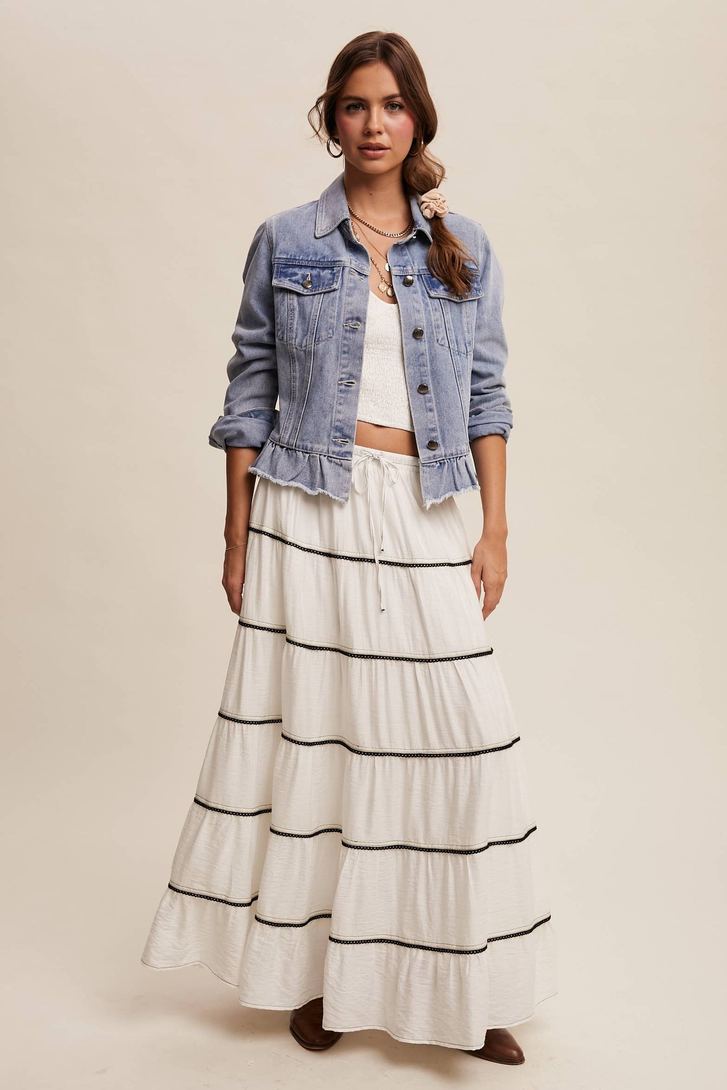 Ruffled Hem Denim Jacket: Light Denim