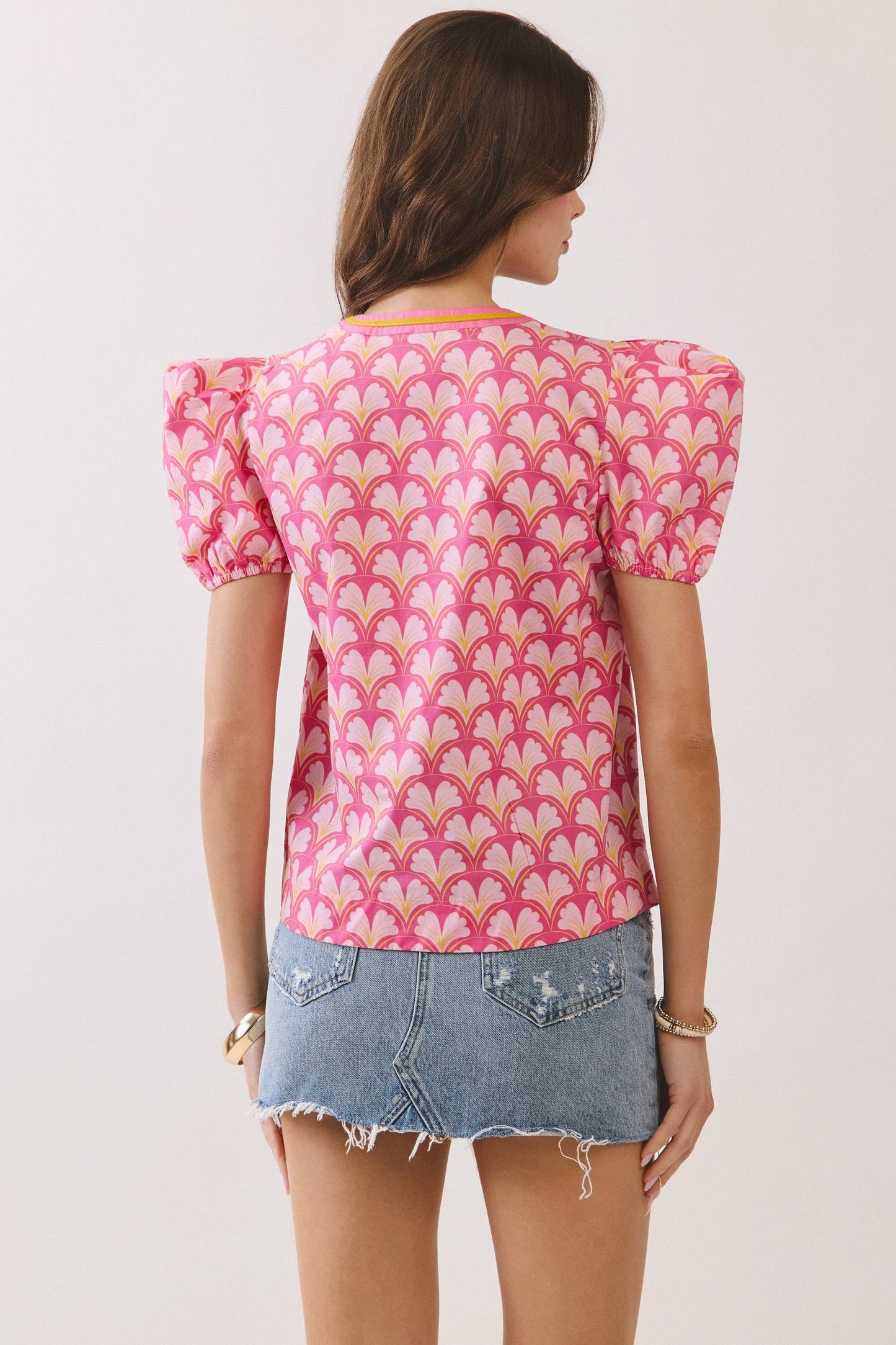 Geometric Print V Neck Puff Sleeve Top