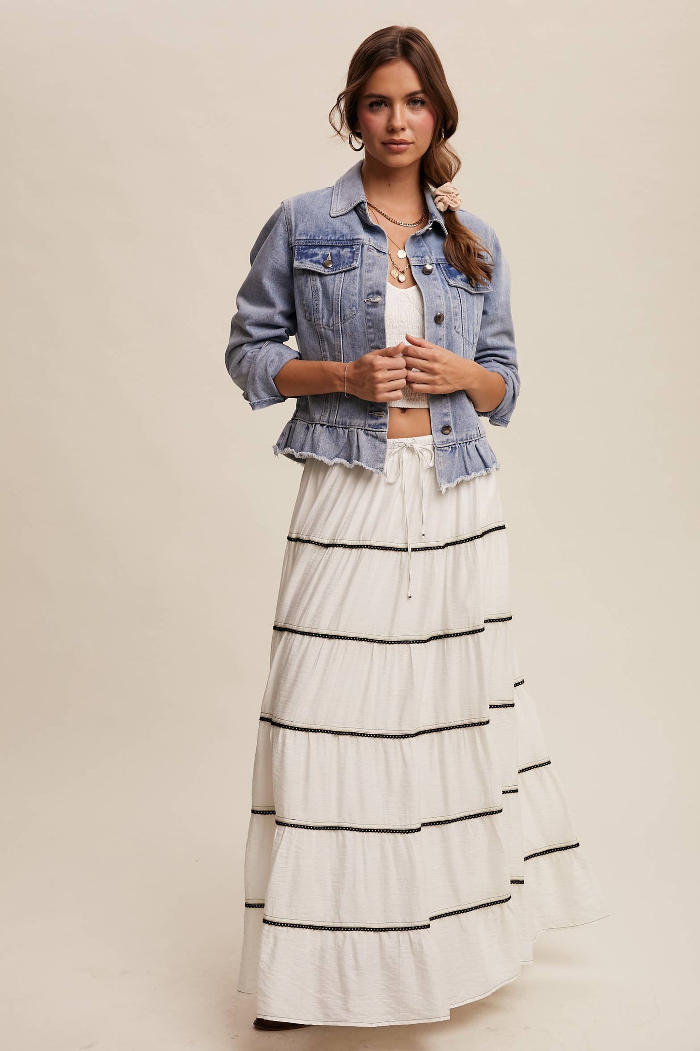 Ruffled Hem Denim Jacket: Light Denim