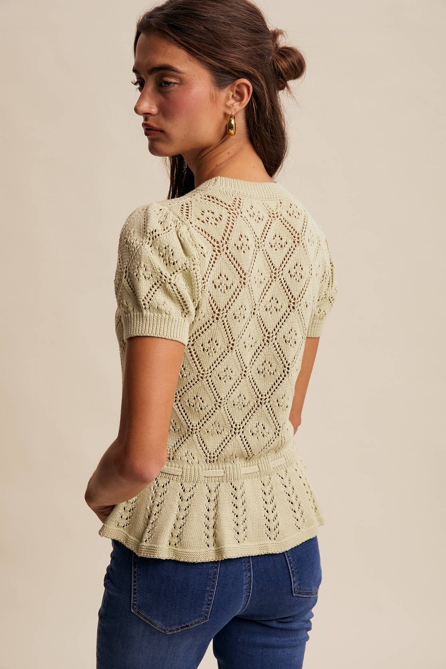 Pointelle Knit Peplum Top: Light Green
