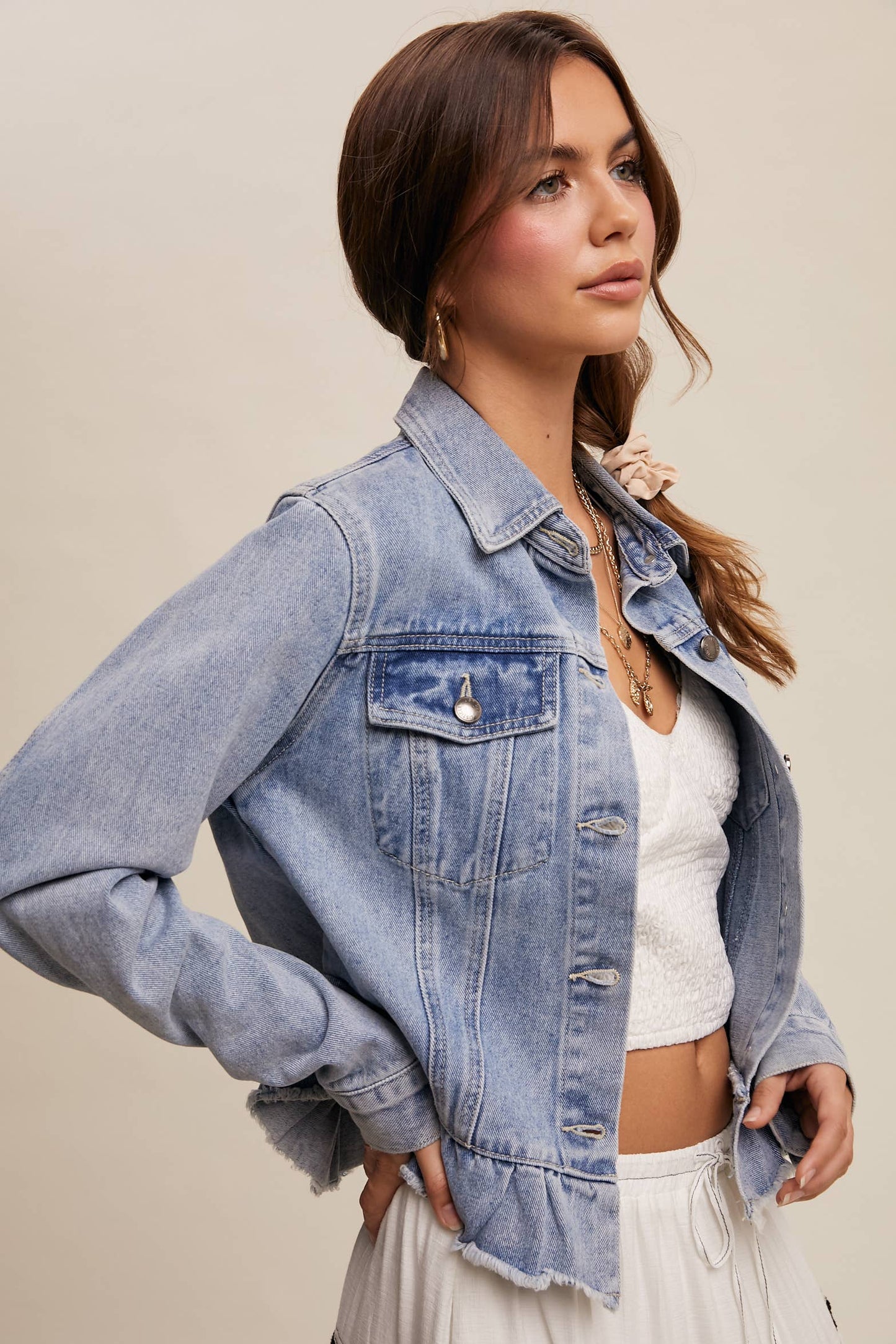 Ruffled Hem Denim Jacket: Light Denim