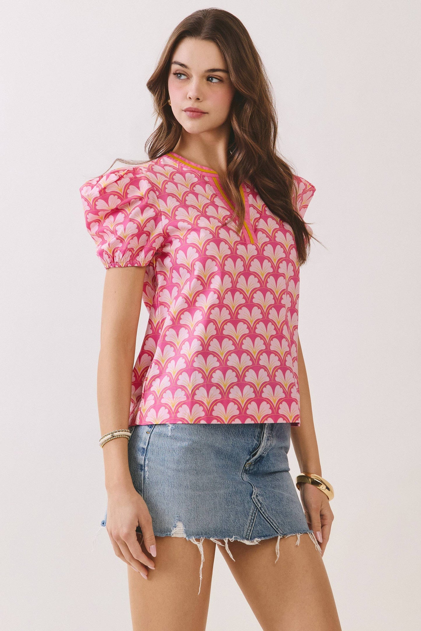 Geometric Print V Neck Puff Sleeve Top