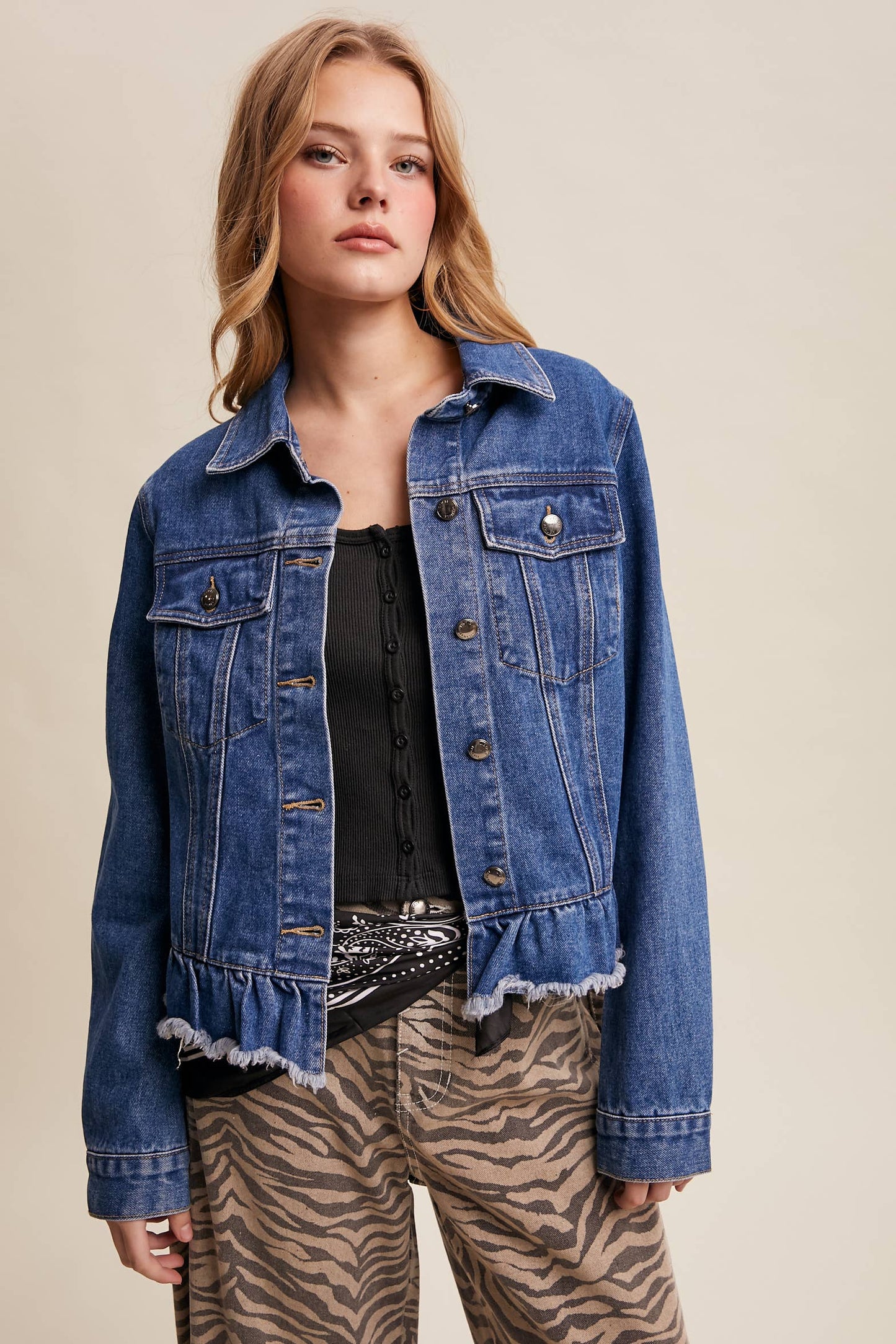 Listicle - Ruffled Hem Denim Jacket LJ0236: Light Denim / M