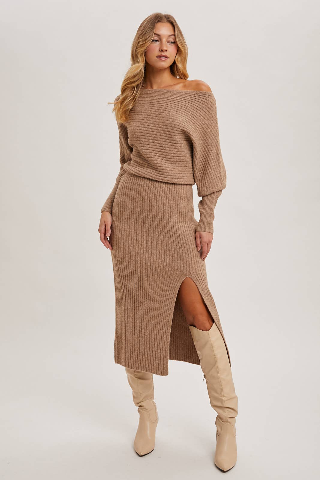 Boat Neck Side Slit Midi Sweater Dress-Oatmeal