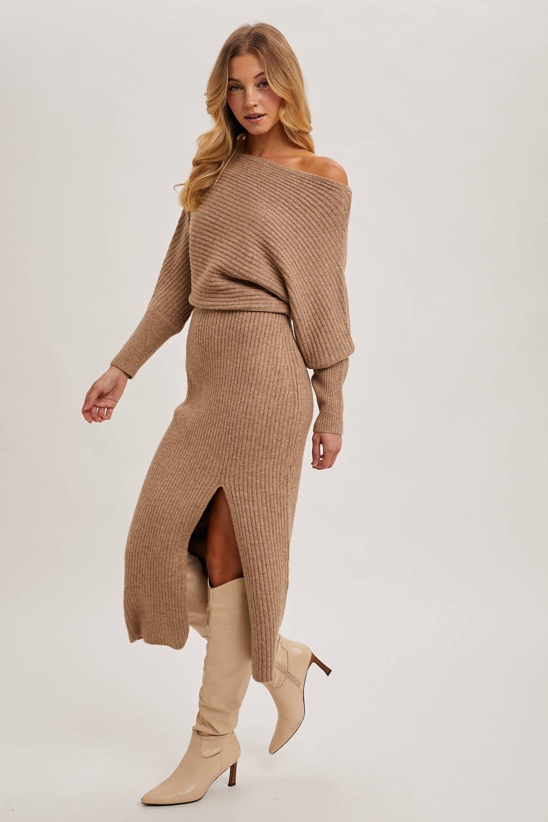 Boat Neck Side Slit Midi Sweater Dress-Oatmeal